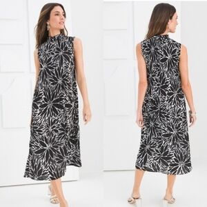 Chicos Black Label Floral Crinkle High Neck Dress Midi Black White Print Size 6